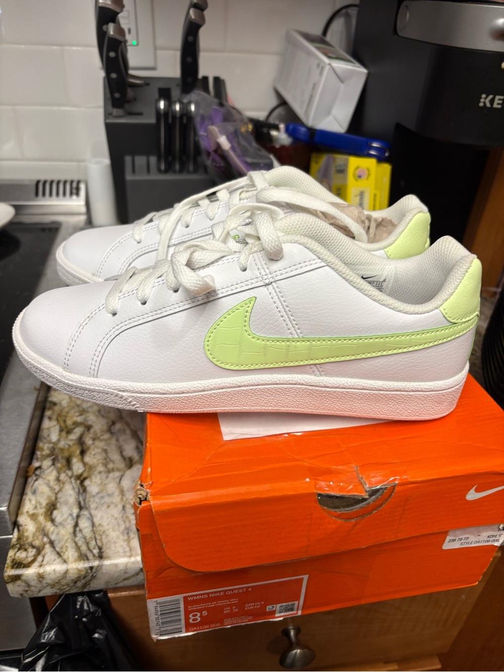 Nike Women’s White Sneakers with Light Green Swoosh